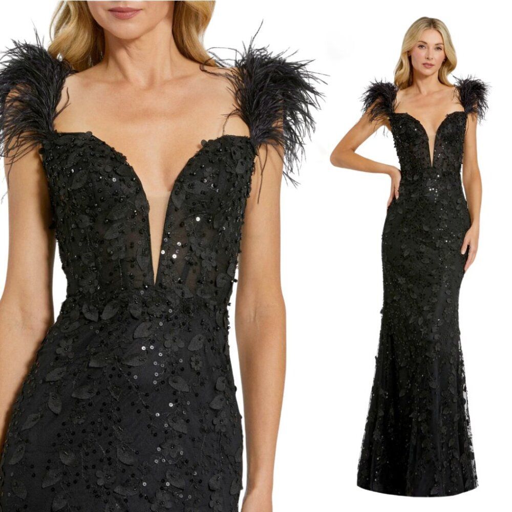 Mac Duggal 20889 Size 8 Black Floral Applique Bustier Feathers‎ Gown Maxi Dress